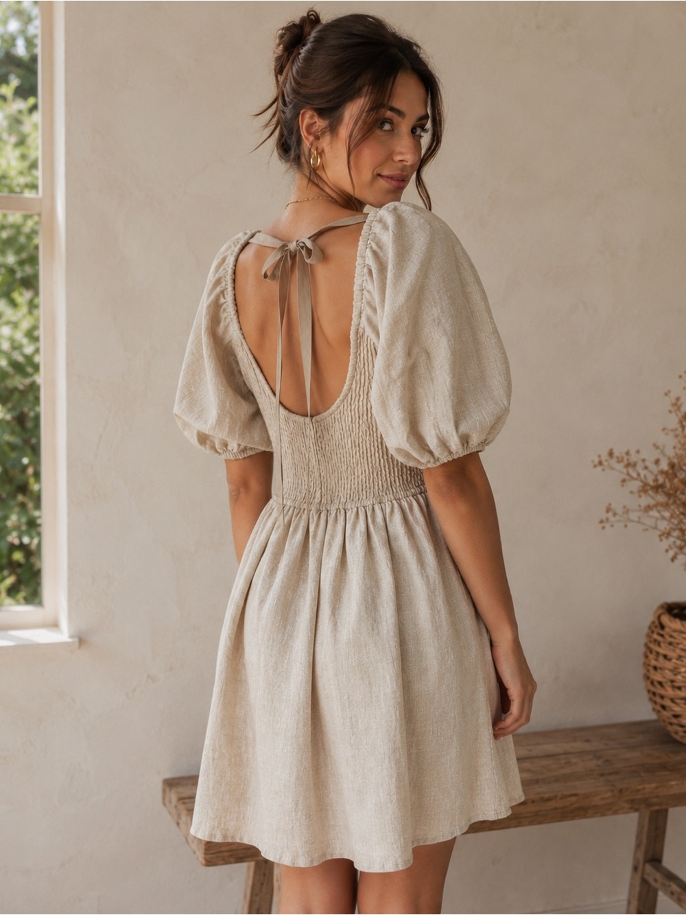 NWT Laude The Label Carmen Linen Mini Dress in Natural,  L/XL Oatmeal Beige Tan